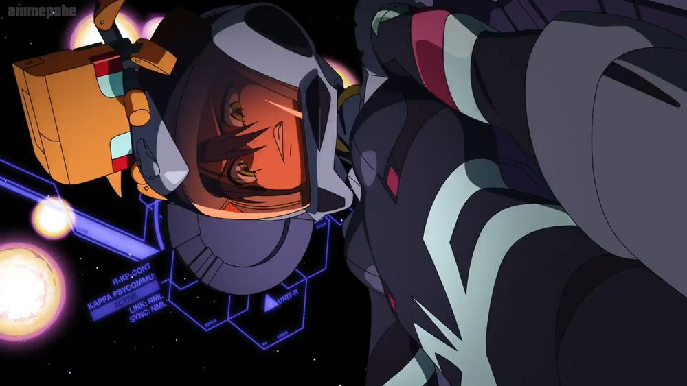 Screencap de Gundam Gquuuuuuuuuuuuuux en contre plongée dans le cockpit comme Shinji dans Rebuild 3.33