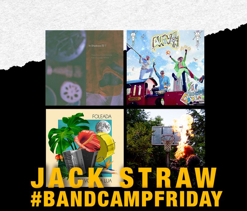 Black background. The upper part is a textured white background with a jagged diagonal edge. In the center is a composition of four album covers. Yellow text at the bottom of the image is “Jack Straw #BandcampFriday.”