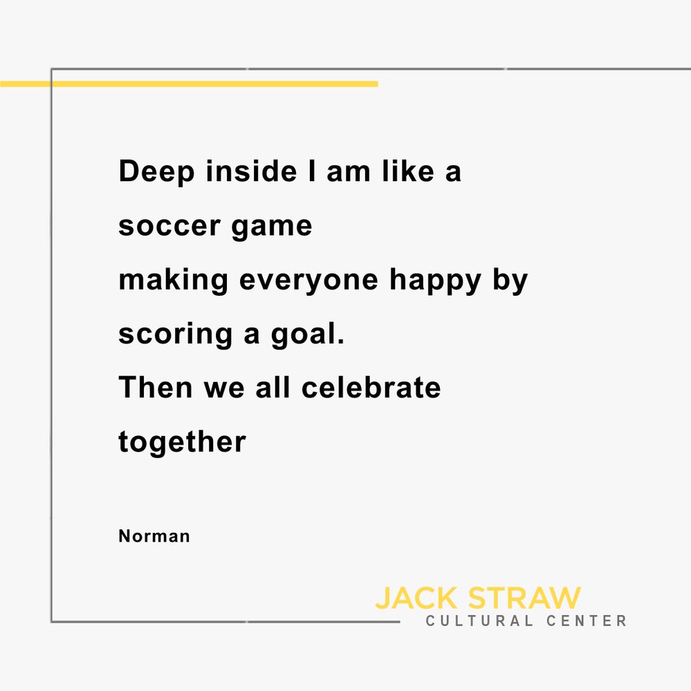 Black text on a white background. Text is a poem from Concord Elementary School student, Norman. Text is “Deep inside I am like a soccer game making everyone happy by scoring a goal. 
Then we all celebrate together."
