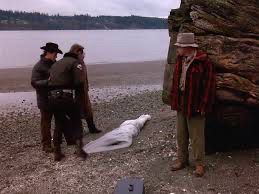 A screenshot from the pilot episode Twin Peaks where the dead body of Laura Palmer is found washed ashore, wrapped in plastic.