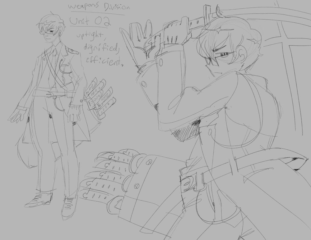 A drawing of a slim east asian man in a stylish suit coat and glasses, wielding a katana. He has many more swords in a quiver strapped to his hip. He wears gloves and a disdainful expression. Text reads: “Weapons Division Unit 02. Uptight, dignified, efficient.”