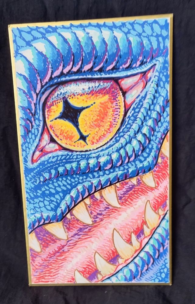 A painting of an orange eye, surrounded by blue scales. Part of an open mouth with sharp teeth can also be seen.