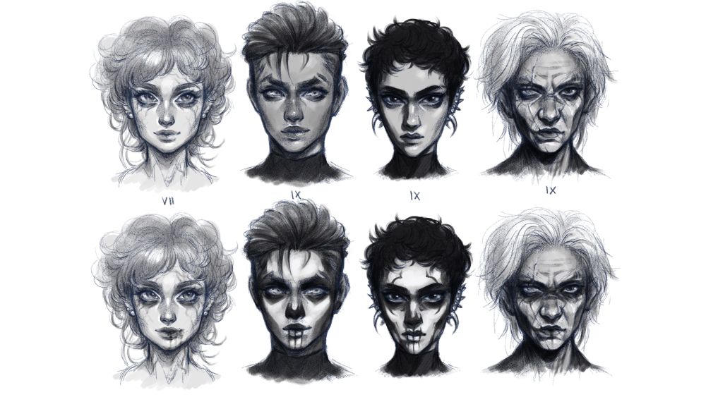 sketch portraits of dulcinea, gideon, harrowhark, and aiglamene as featured in gideon the ninth. the ninth house girls are each portrayed with and without face paint, and dulcinea is portrayed with and without all that blood she keeps hacking up.