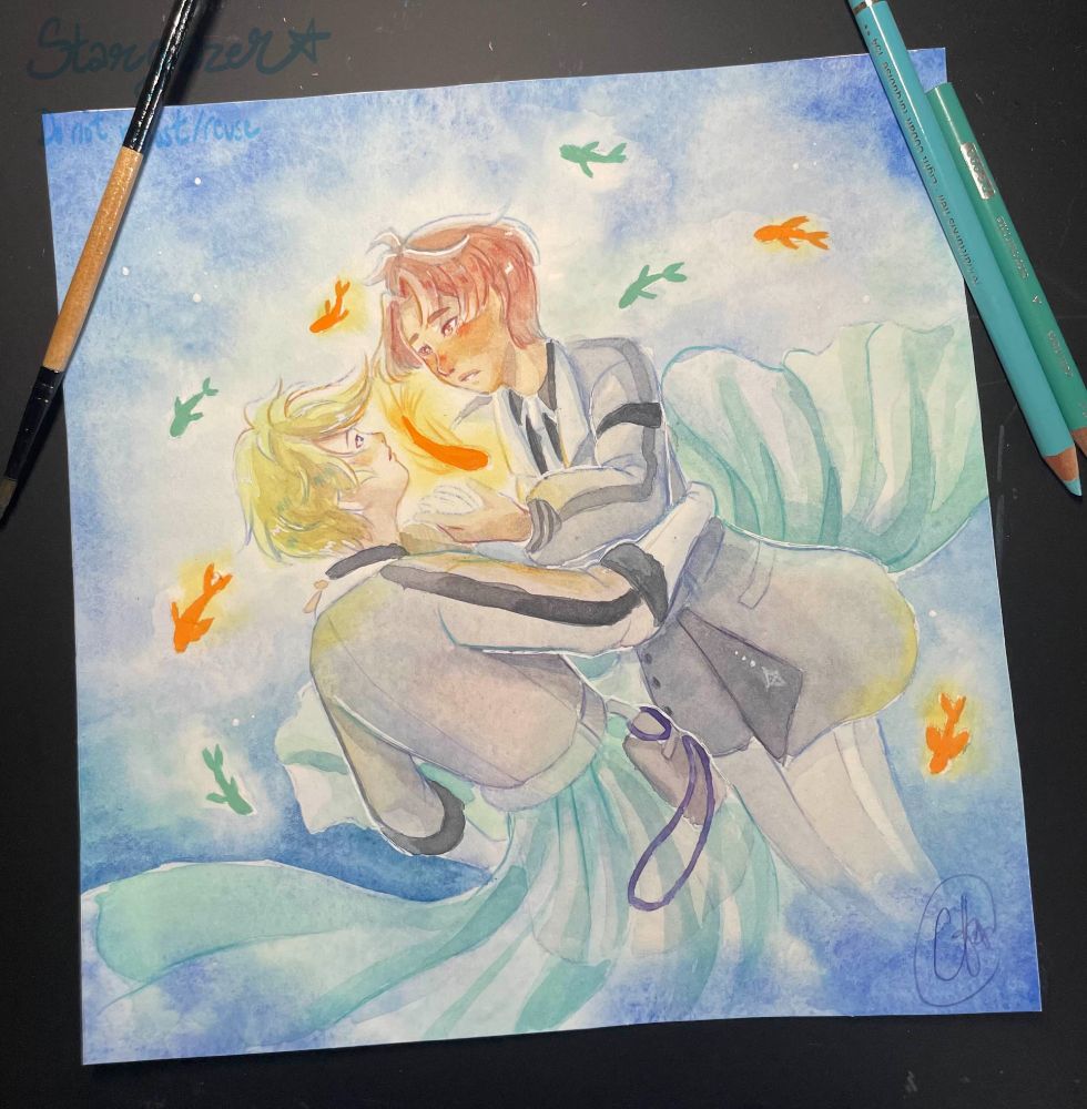 Watercolour painting of Izumi Mitsuki and Roukya Nagi from Idolish7 in their Crz love MV outfits. They look like they're floating/falling in water with teal and orange glowing fish around them. Mitsuki is above Nagi who has an arm around him, while Mitsuki holds his hand out to a fish. They have pensive expressions