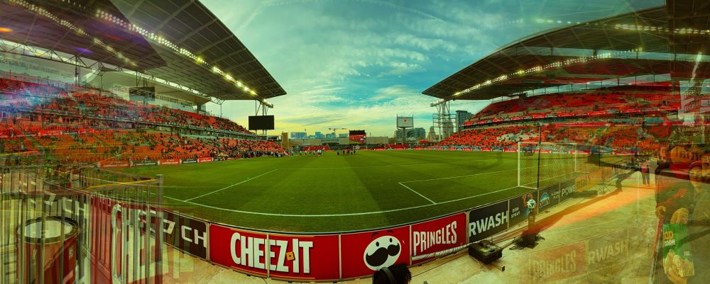 A photo of bmo field from the south end at pitch level