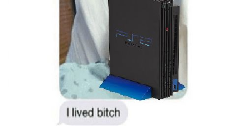 A PS2 pasted over an image of a man in the hospital, sent via text. A follow up text reads "I lived bitch'