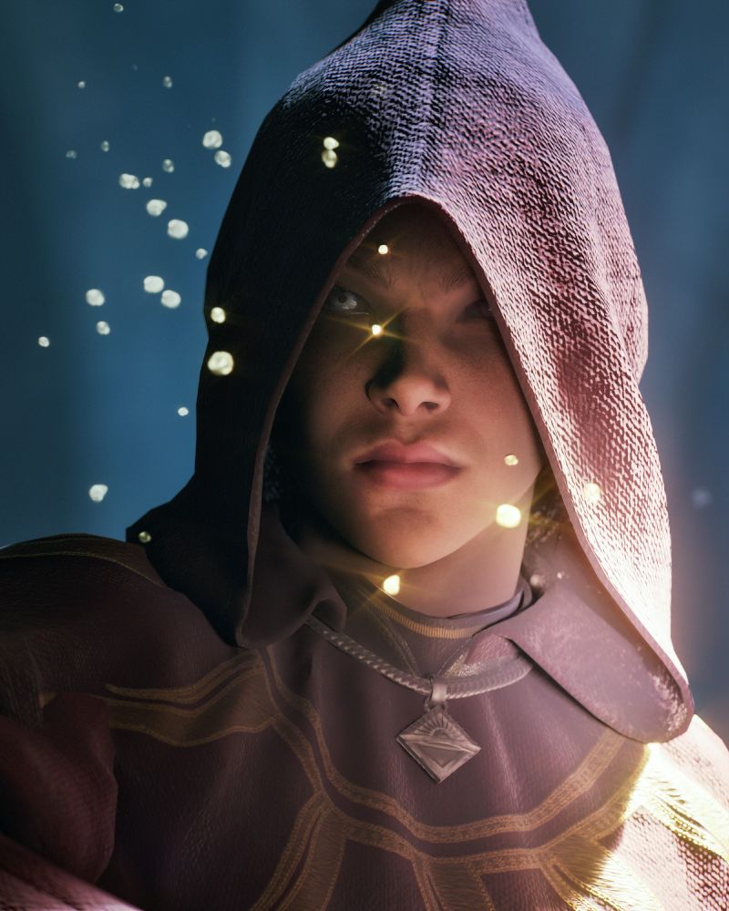 A #virtualphotography screenshot from The Elder Scrolls IV: Oblivion Remastered showing a close portrait of a wood elf wearing a hood and a robe. They are in a dark environment, and there is golden magic sparkling around their face.