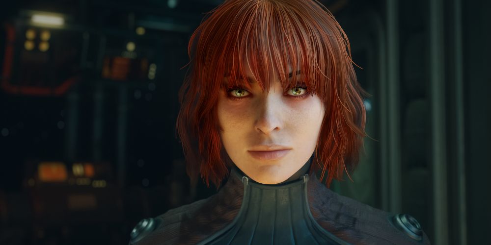 #VirtualPhotography screenshot from The Outer Worlds 2, showing my character, Vex. She has a messy orange bob, green eyes, and is inside a spaceship, which is dark