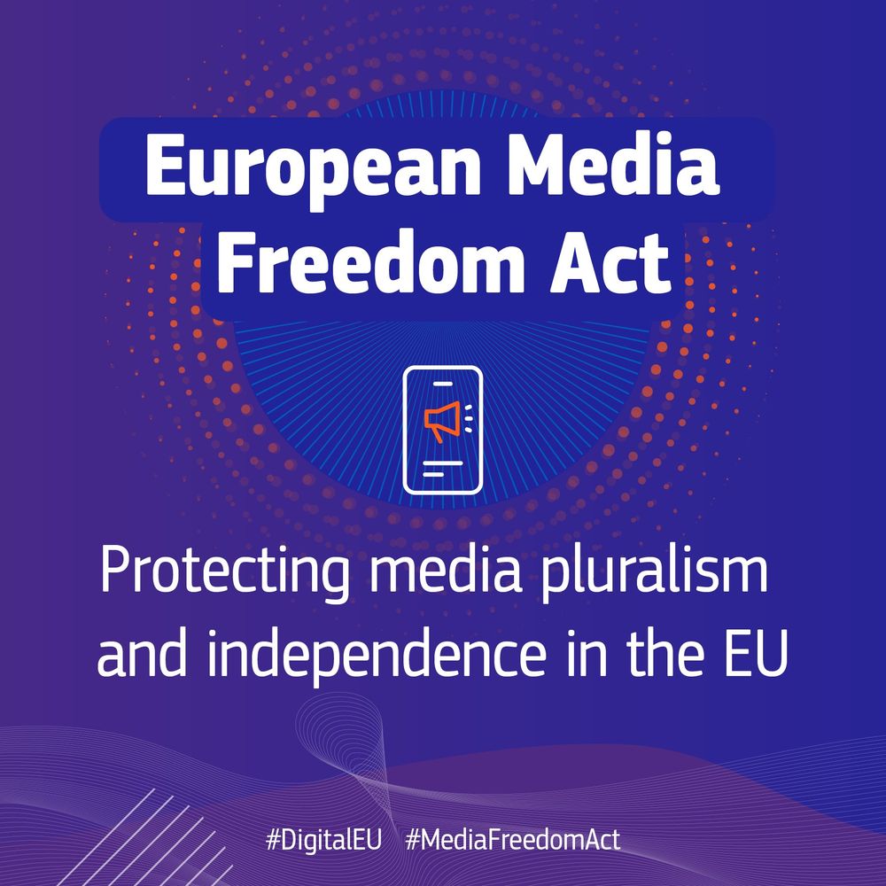Dark blue graphic with the text 'European Media Freedom Act' and 'Protecting media pluralism and independence in the EU'. A mobile phone icon with a megaphone is in the centre. 