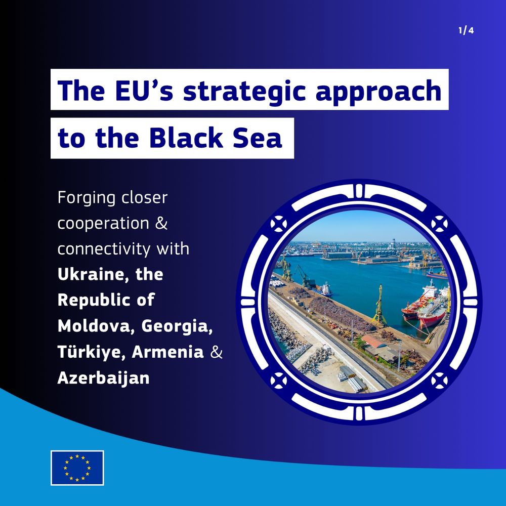 A European Union infographic titled "The EU’s strategic approach to the Black Sea" highlighting cooperation with Ukraine, the Republic of Moldova, Georgia, Türkiye, Armenia, and Azerbaijan. The image features a circular photo of a busy port with cargo ships and cranes, symbolizing trade and maritime infrastructure.


