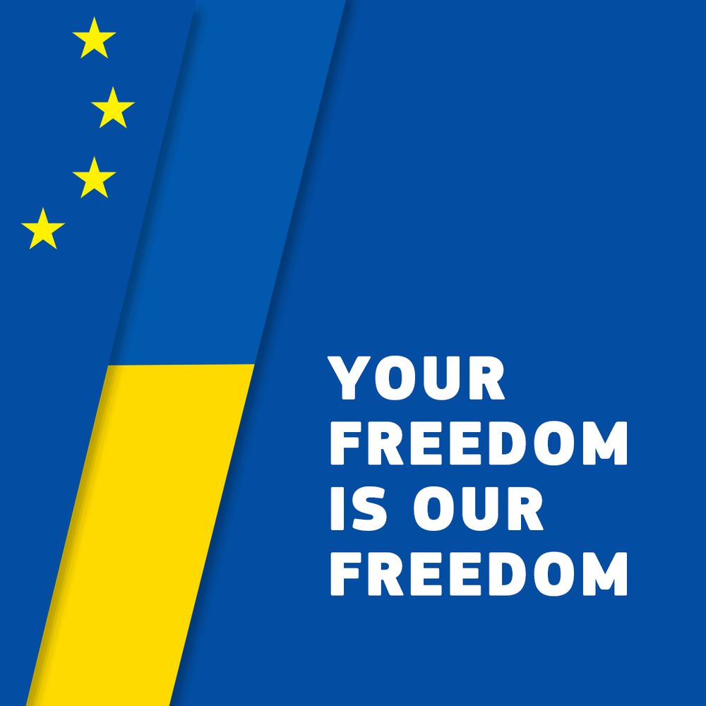 A dark blue background features a vertical yellow and blue strip on the left side, representing the Ukrainian flag. To the left of the Ukrainian flag is a vertical strip with five yellow stars, representing the European Union flag. The words 