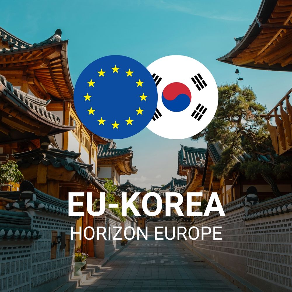 An image featuring the flags of the European Union and South Korea superimposed over a traditional Korean street scene. The text "EU-KOREA" is prominently displayed, with "HORIZON EUROPE" below it. 