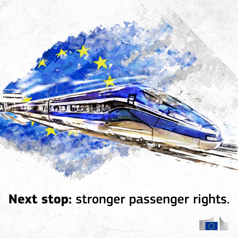 An abstract, painted-style image shows a blue and silver train speeding from left to right. Above the train, a loose, brushstroke-style European Union flag, represented by a swath of blue with yellow stars, trails behind it. Below the train, the text "Next stop: stronger passenger rights" is written in bold, black letters. In the bottom right corner, a small logo for the European Commission is visible.