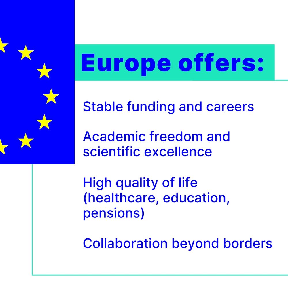 The EU flag is shown with a headline "Europe offers:" followed by a list: Stable funding and careers, Academic freedom and scientific excellence, High quality of life (healthcare, education, pensions), and Collaboration beyond borders.

