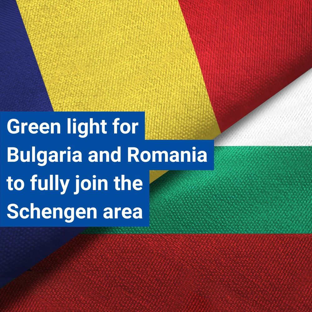The image features text that reads: "Green light for Bulgaria and Romania to fully join the Schengen area," with the background displaying parts of the Romanian and Bulgarian flags. 