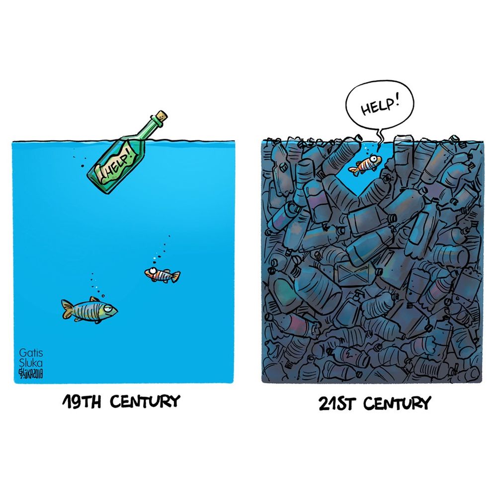 A two-panel cartoon contrasts ocean pollution in the 19th and 21st centuries.

Left panel (19th Century): A clear blue ocean contains two fish and a single glass bottle floating on the surface with a note inside that says "HELP!".

Right panel (21st Century): The ocean is crowded with plastic bottles and trash, almost no clear water is visible. A fish trapped among the plastic debris is shouting "HELP!" in a speech bubble.
The cartoon highlights the dramatic increase in ocean pollution over time.