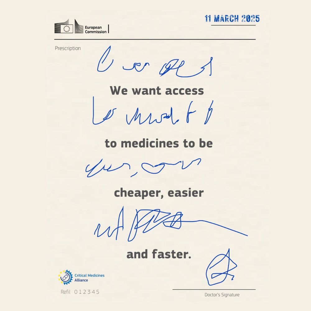 An imitation of a doctor's prescription with unreadable handwriting, exaggerating the idea that doctors' writing is often incomprehensible. Each line is followed by normal text stating: 'We want access to medicines to be cheaper, easier, and faster. 