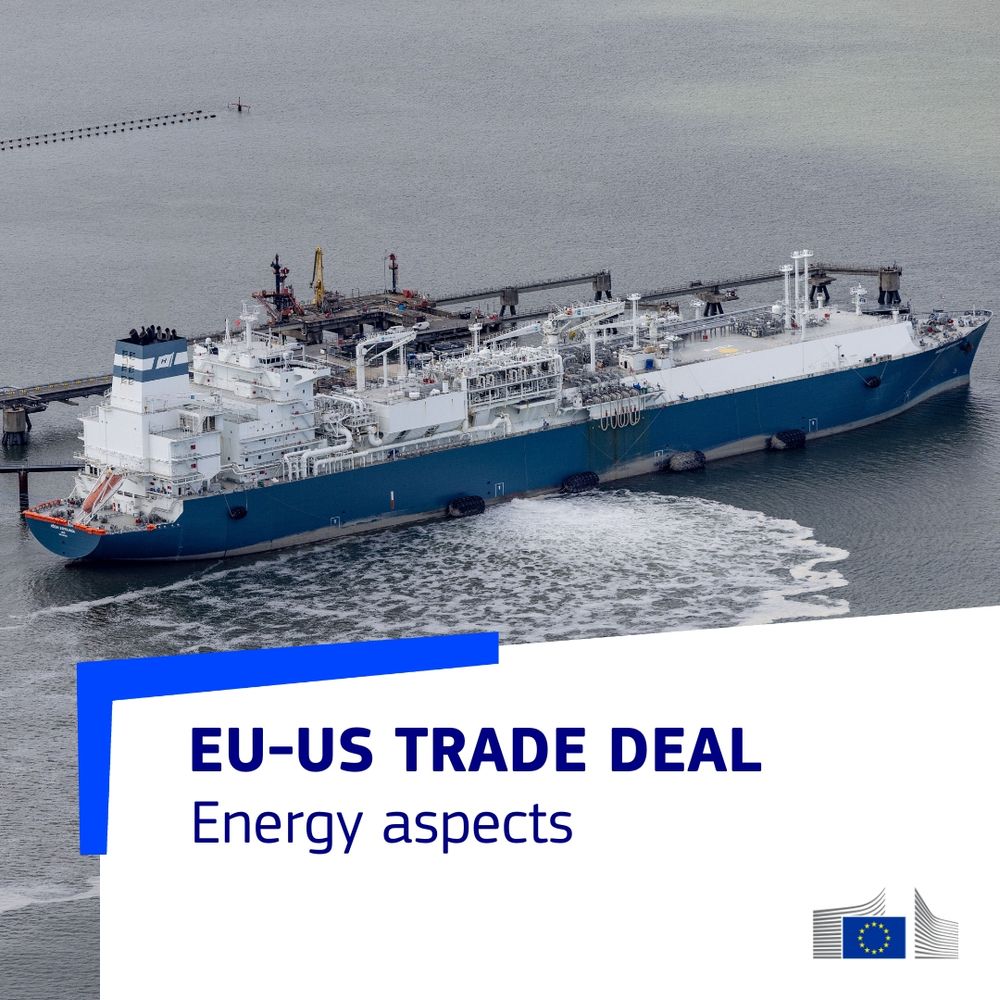 A large liquefied natural gas (LNG) tanker docked at a port terminal, with the text "EU-US TRADE DEAL - Energy aspects" overlaid on the bottom. The image includes the European Union flag and a graphic of the European Commission headquarters.