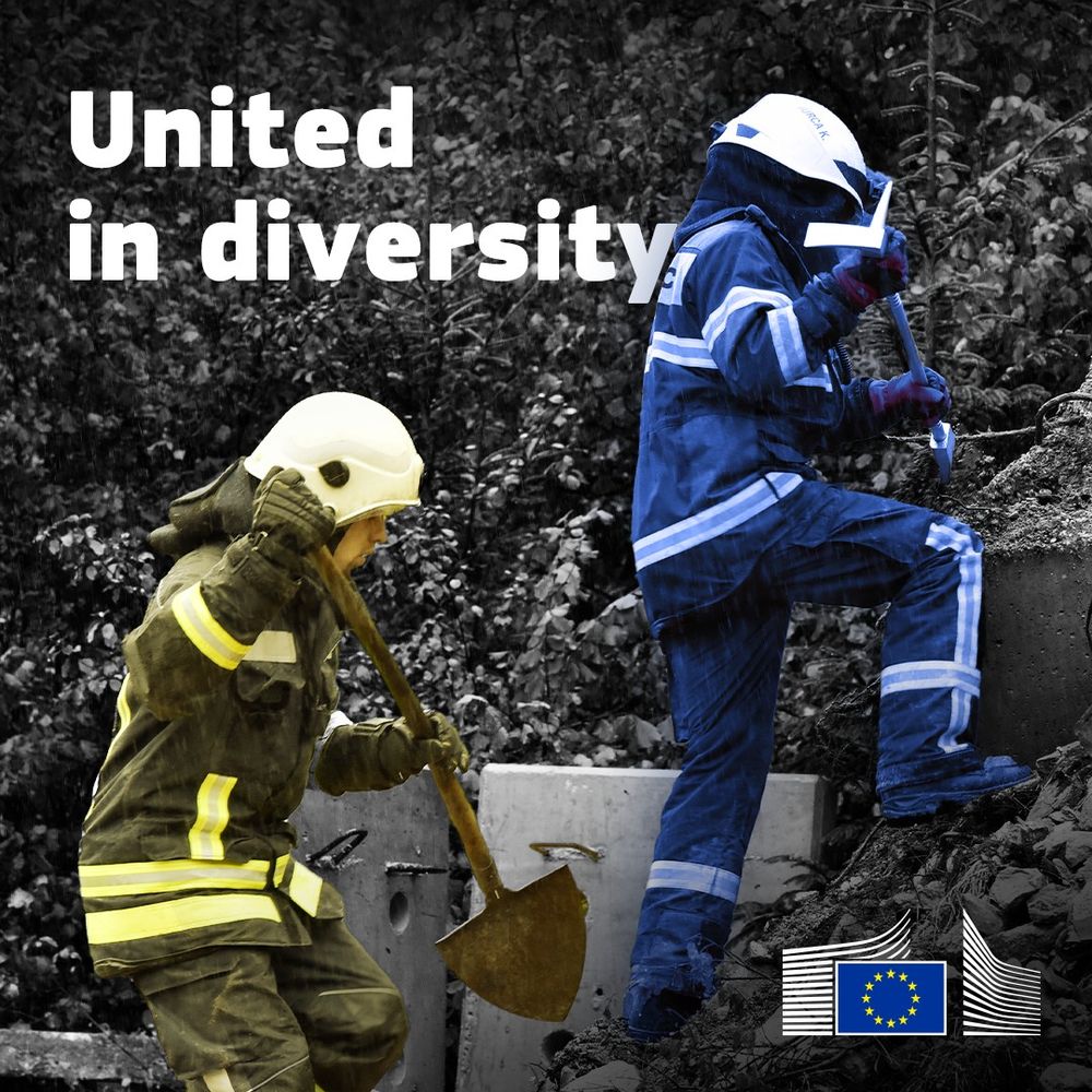 An image shows two firefighters with shovels on top of a torn-down building. One is overlayed in yellow, the other in blue. The words "United in diversity" are at the top left corner, and the European Commission logo is in the bottom right corner.