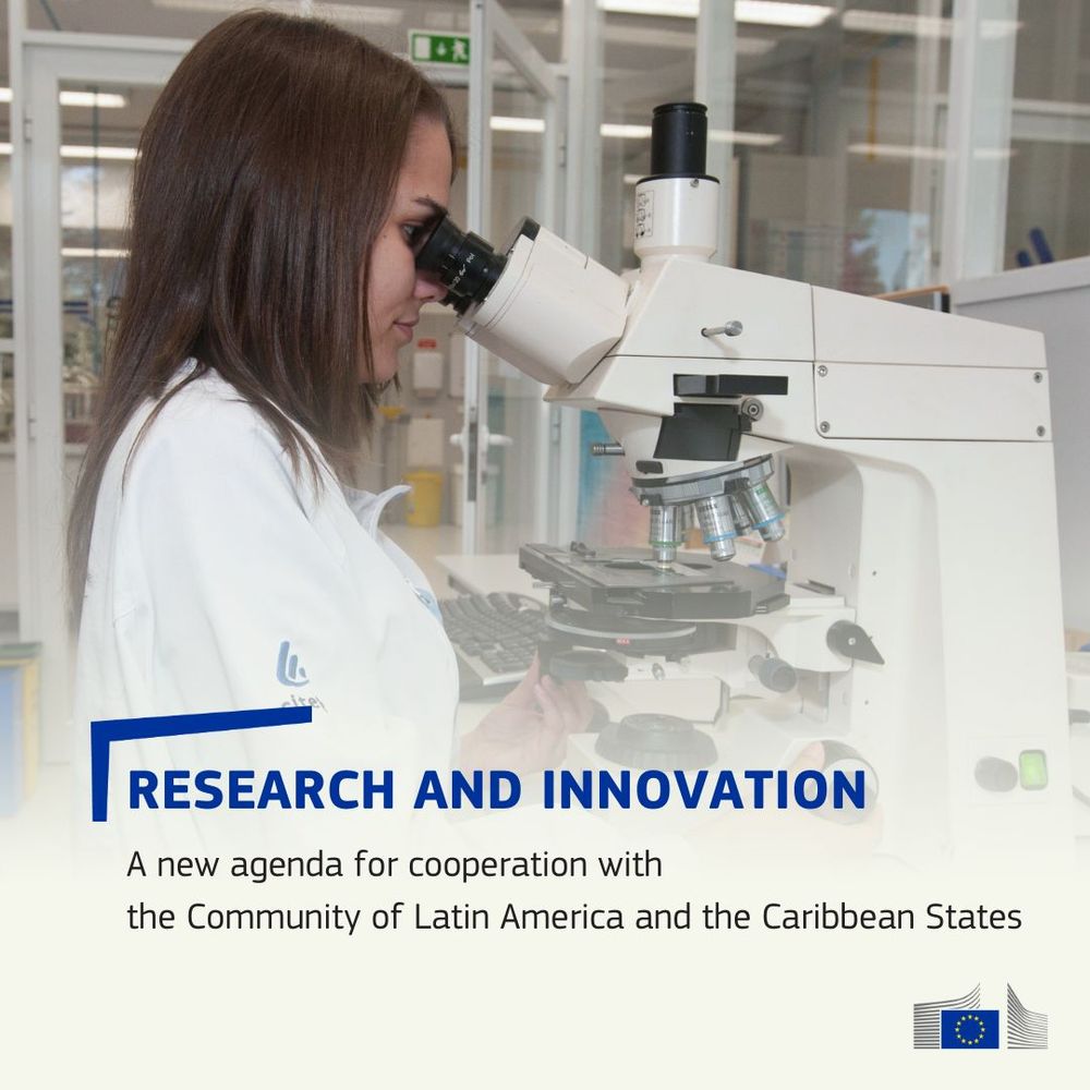 A woman in a white lab coat looks through a microscope. Text says: 'Research and Innovation – A new agenda for cooperation with the Community of Latin America and the Caribbean States.' The European Commission logo is shown at the bottom right.