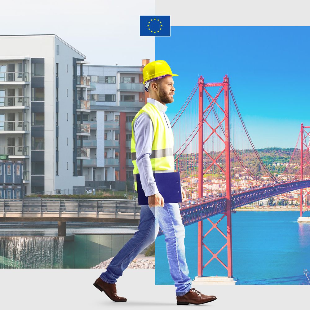 An image of a construction worker. He is walking from left to right. The background blends two distinct scenes: on the left, modern apartment buildings in Helsinki and on the right the red 25 de Abril Bridge in Lisbon, Portugal. At the top center, a European Union flag is displayed 