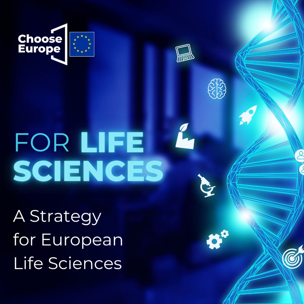 A visual for European life sciences. Left side displays the logo of 'Choose Europe' with the EU flag, followed by 'FOR LIFE SCIENCES' and 'A Strategy for European Life Sciences' text.  Background features a blurred lab setting with science and technology icons such as a laptop, brain, microscope, gear, and DNA helix on the right.  