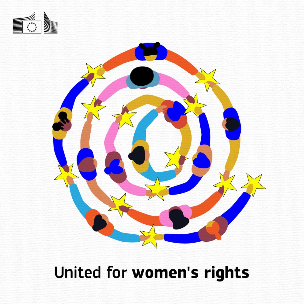 A visual depicting a top-down view of a group of women forming a spiral shape, holding hands. Each woman is represented by a simplified outline with different clothing colours. They are connected by yellow star shapes at their hands. The European Commission logo is in the top left corner. Below the illustration, the text reads "United for women's rights." 