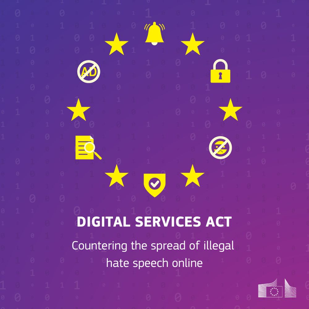 A purple graphic with the European and the text "DIGITAL SERVICES ACT" in large white letters. Below that, it reads "Countering the spread of illegal  hate speech online." There are seven yellow stars arranged in a circle around the text. Each star has a symbol inside it: a bell, a padlock, a document with a magnifying glass, a checkmark, a crossed-out face, a no symbol, and an ad symbol.