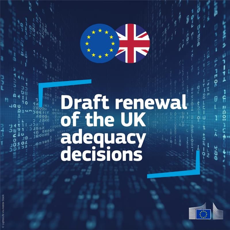 An image with a dark blue background filled with white digital code. At the top, the flags of the European Union and the United Kingdom are displayed side-by-side. The main text, "Draft renewal of the UK adequacy decisions," is in white, enclosed by light blue angular brackets. In the bottom left corner, there's small white text that reads "© LightfoLife via Adobe Stock," and in the bottom right corner, the European Commission logo is visible.







