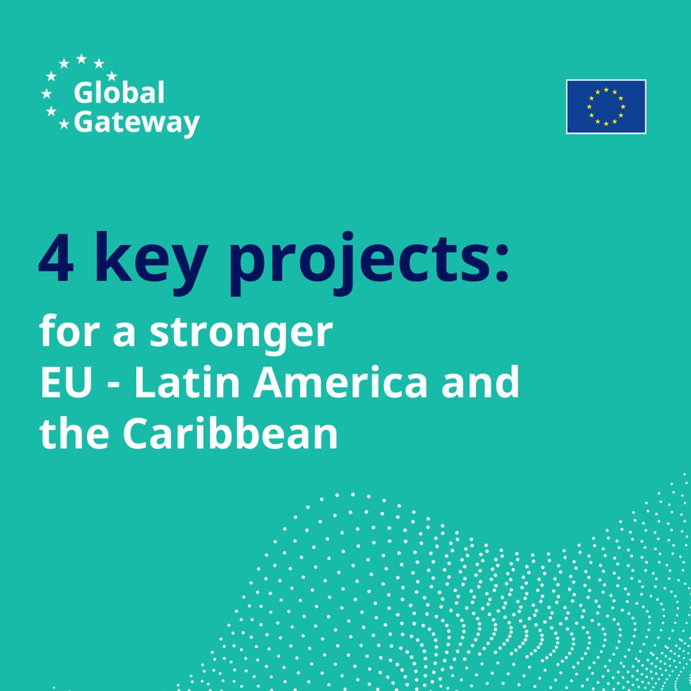 A digital graphic design with a teal background features the 'Global Gateway' logo in the top left, consisting of a circular arrangement of stars with the words 'Global Gateway' in white. The European Union flag is in the top right corner. The main text in bold dark blue reads '4 key projects:' followed by smaller white text stating 'for a stronger EU - Latin America and the Caribbean.' A pattern of small white dots forms a curved shape in the lower right portion of the image.