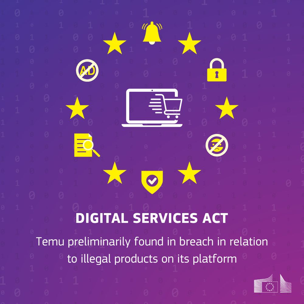 Graphic illustrating the EU Digital Services Act with a central icon of a laptop and shopping cart surrounded by yellow stars and various digital safety icons (like a padlock, alert bell, and no ads symbol). Text reads: "DIGITAL SERVICES ACT – Temu preliminarily found in breach in relation to illegal products on its platform." European Commission logo at the bottom right. Background features binary code on a gradient purple backdrop.