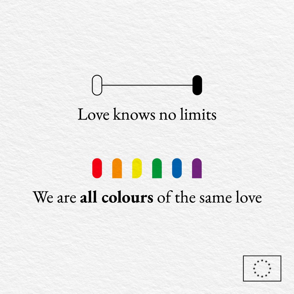 An image with a white background showing the LGBTIQ+ rainbow colours in different shapes arranged close together. A text overlay reads: "Love knows no boundaries. We are all colours of the same love.