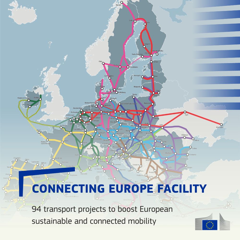 An illustrated map titled "CONNECTING EUROPE FACILITY" displays a network of colored lines and circles overlaying a map of Europe, indicating various transport projects. Below the map, text states "94 transport projects to boost European sustainable and connected mobility." In the bottom right corner, the flag of the European Commissionis shown.