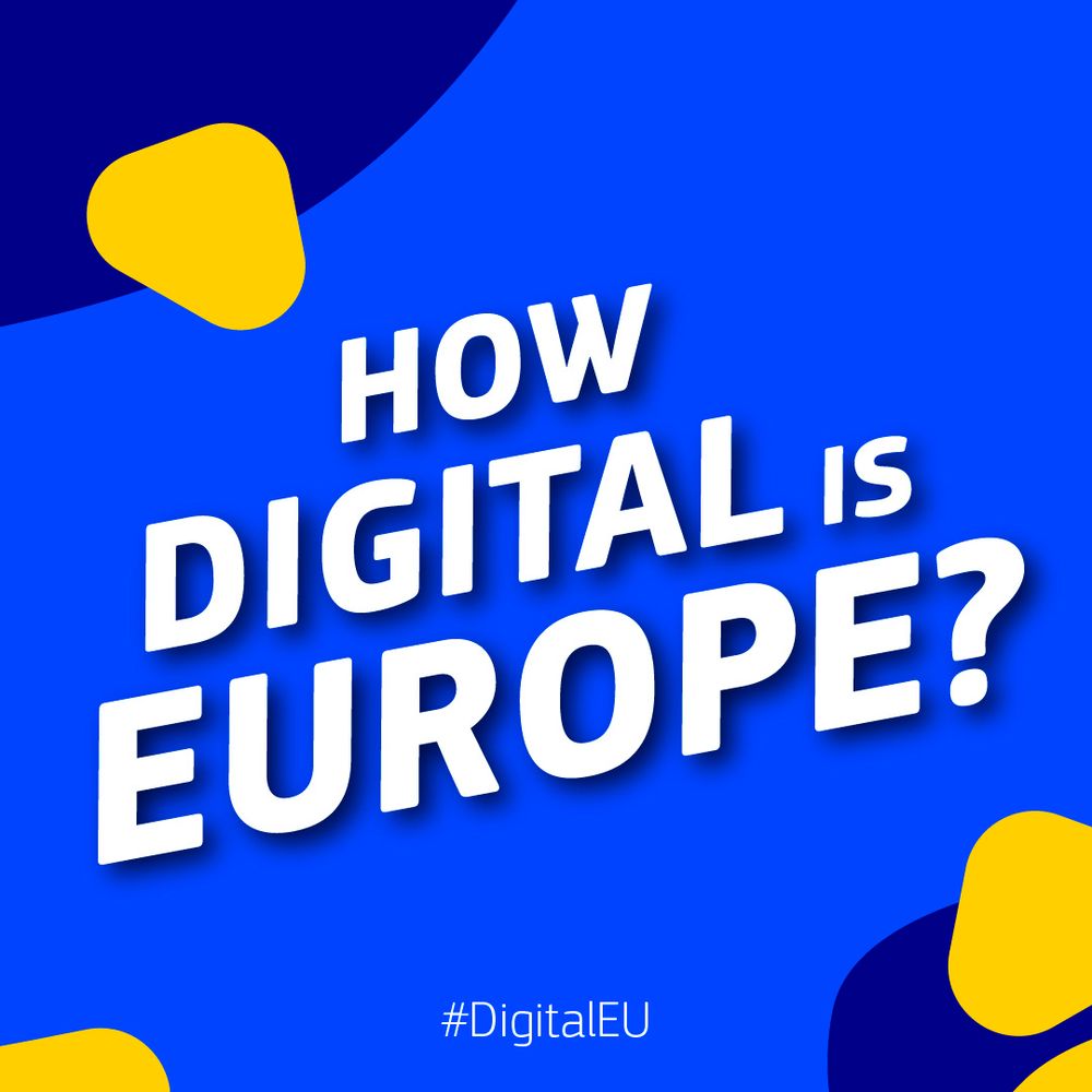 A graphic with bold white text on a dark background that reads: "How digital is Europe?" Below the main text is a hashtag: "#DigitalEU". The design includes abstract yellow and blue outlined shapes in the corners.