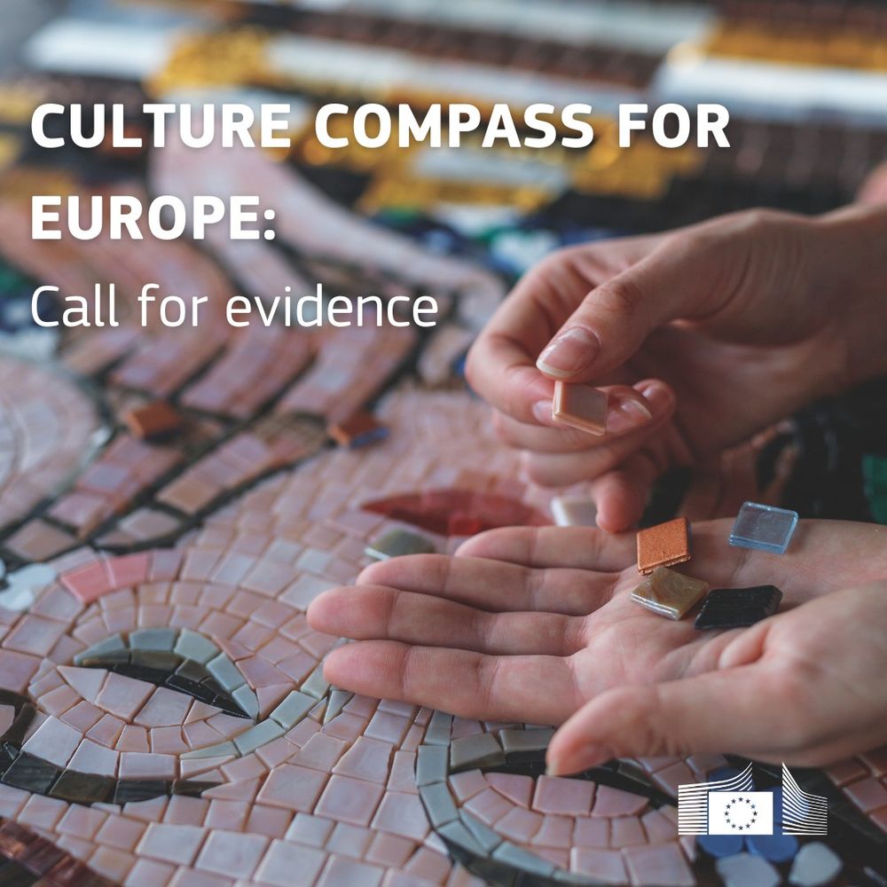 Close-up of two hands working on a colorful mosaic artwork, with small glass tiles in various colors being held and placed. The text reads: “Culture Compass for Europe: Call for evidence.” In the bottom-right corner is the European Commission logo.