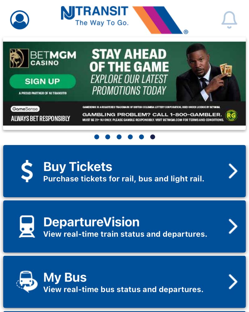 NJT app with an ad for BetMGM casino