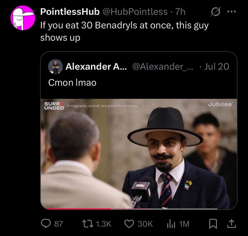 a picture of a silly behatted bitch debating Mehdi Hasan with the caption, If you eat 30 benadryls at once this guy shows up

(my fave alt take on this image was omg they found Waluigi Mangione, for additional alternative-to-visual context)