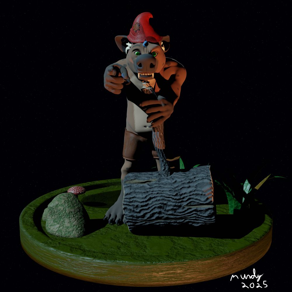 3D Faux Figurine of a cursed garden gnome-yeen looking to bonk someone with a large wooden mallet.