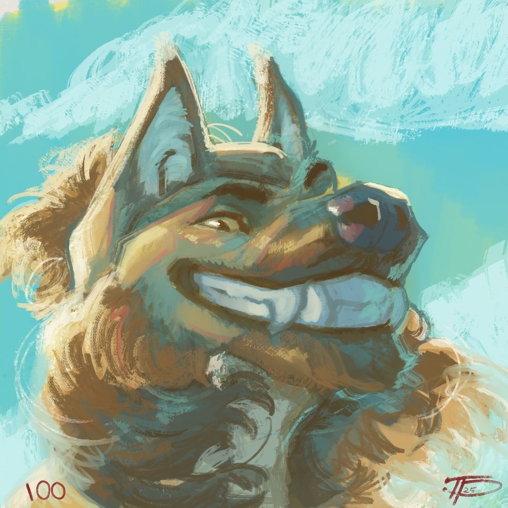100 brushstroke headshot of an anthropomorphic maned wolf with a big toothy grin looking mischievous on a blue background with clouds.