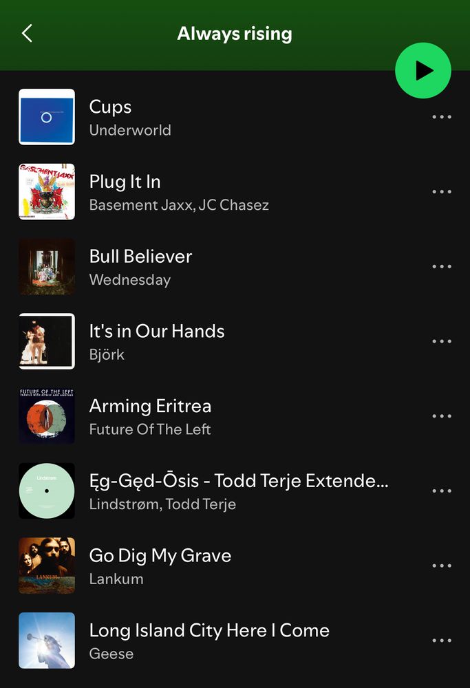 Spotify screenshot of a playlist. 

Always rising
Cups
Underworld
Plug It In Basement Jaxx, JC Chasez
Bull Believer
Wednesday
It's in Our Hands
Björk
Arming Eritrea
Future Of The Left
Eg-Ged-Ösis - Todd Terje Extende...
Lindstrom, Todd Terje
Go Dig My Grave
Lankum
Long Island City Here | Come
Geese