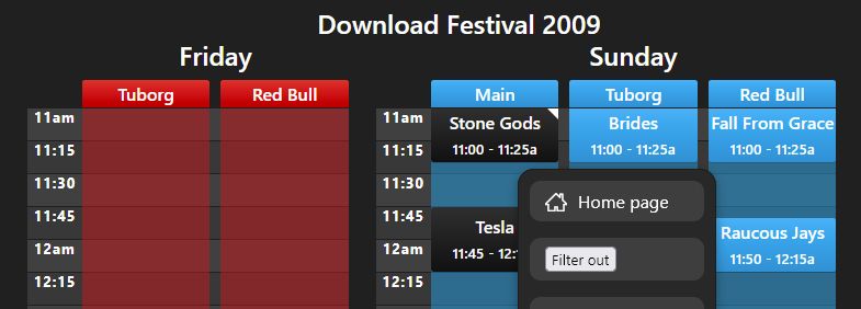 A festival running order with a Saturday, and a couple of stages on the remaining days, filtered out.