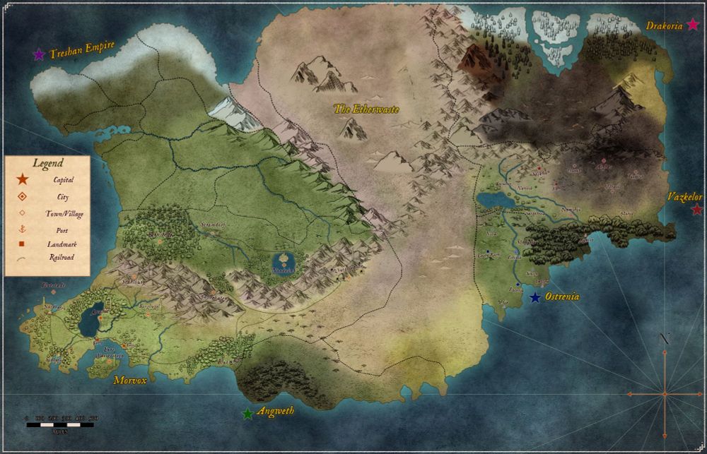 The continent of Asteria. The major countries include the Treshan Empire, Drakoria, Morvox, Vazkelor, Ostrenia, and Angweth. Separating East and West Asteria is a span of desert called the Etherwaste.