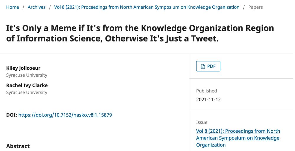 Article titled "It's only a meme if it's from the knowledge organization region of information science, otherwise it's just a tweet"