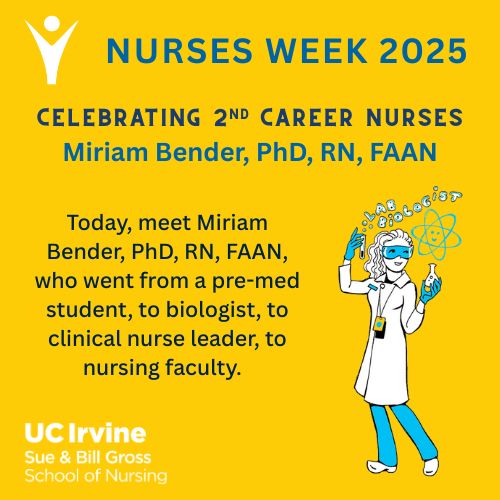 Caricature of lab biologist in lab coat, gloves and safety goggles with a beaker and test tube with an atom symbol 