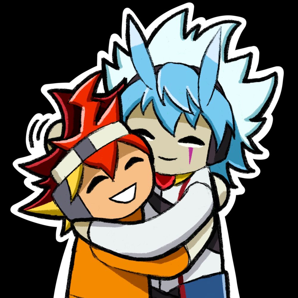 Digitial drawing of Yuhi Ohdo and Yudias Velgear. They are in a chibi style, smiling as they hug each other. Yudias is also patting Yuhi's head.