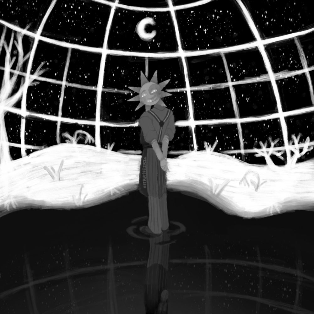 A grayscale digital painting of Soleil from the Five Nights At Freddy's fanfiction Ghost In The Machine. He is in a circular enclosed garden, though the plants behind him are wilted and dead. He appears to be standing in the middle of water, looking over his shoulder at the viewer with his hands clasped behind him. The cresent moon can be seen above his head through the glass wall.