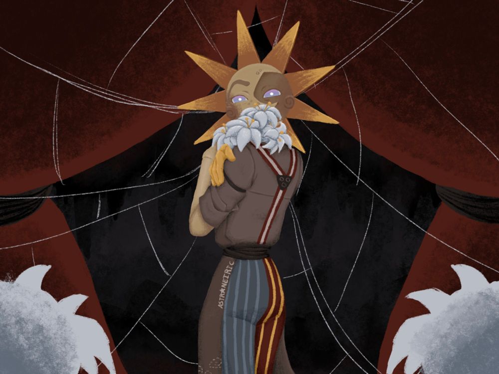 Soleil (a humanoid robot with a sun-shaped, disk-like head) from the FNAF fanfiction Ghost In The Machine. He is mostly turned away from the viewer, but is looking back over his shoulder towards them. The bottom half of his face is obscured by the bouquet of lilies he's holding, but his eyes are both smiling and spiteful. Behind him are red curtains in front of a dark background. In the foreground are silhouettes of more lilies. A sketchy spiderweb is centered around him.