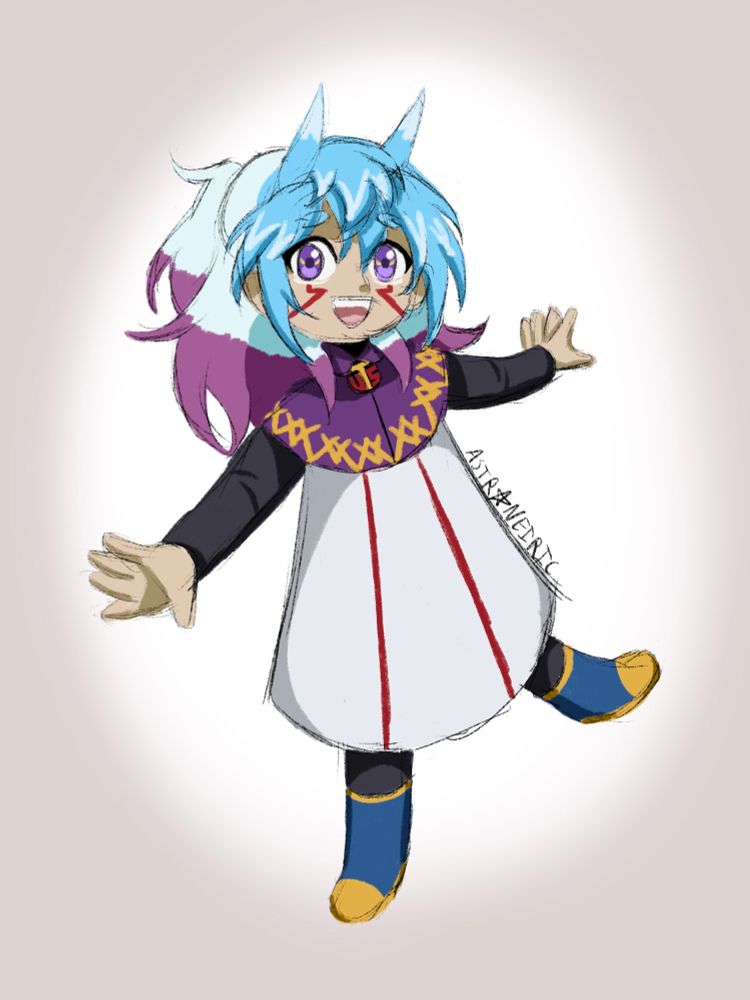 A digital drawing of a small child with blue hair that fades to purple at the ends and purple eyes against a light background. She is smiling brightly and balancing on one foot.