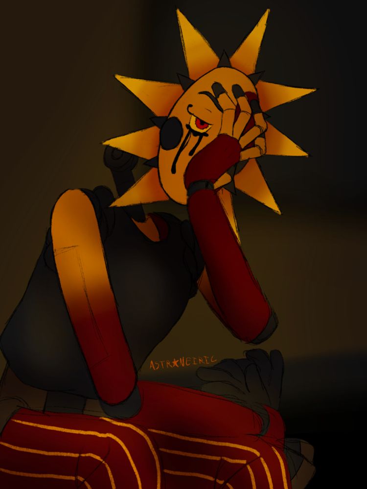 Solar from The Sun and Moon Show sitting in a dark environment. He glares forward with a hand pressed to his face while crying oily tears