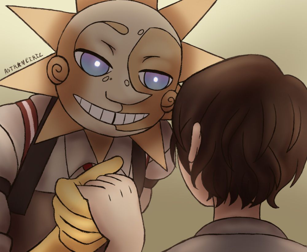 Soleil and Cricket from the fanfiction Ghost in the Machine, Soleil is leaning forward towards Cricket with a gentle smile while holding their hand in his